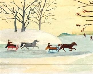 AMERICAN SCHOOL PRIMITIVE, 19TH CENTURY | Horse-drawn sleighs on a lake
Oil on reused panel
No apparent signature
h. 10 w. 18 in.
overall: 14-3/4 x 15 in. (frame)