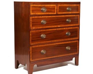 EARLY 19TH C. ENGLISH SHERATON CHEST OF SMALL SIZE | Five drawer chest having satinwood and checkerboard top and drawer fronts
h. 39 w. 36 d. 17 in.