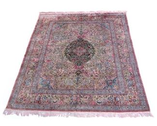 MID 20TH C. OR EARLIER PERSIAN SILK CARPET | Medallion surrounded by tree of life pattern with birds
h. 10 ft. 7 in. w. 7 ft. 10 in.