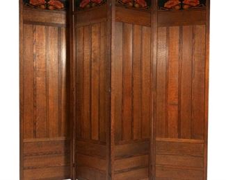 ENGLISH ARTS & CRAFTS FLOOR SCREEN | In four panels, oak with stained floral decorated panels at top
h. 68 w. 20 in. (each panel)
overall: w. 80 in.