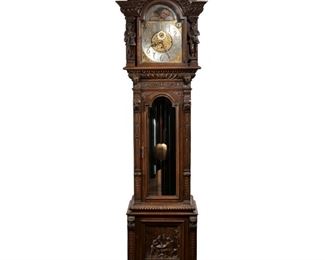 TIFFANY & CO RENAISSANCE REVIVAL TALL CASE CLOCK | Late 19th century, with elaborately carved oak case, engraved brass clock face with silvered chapter ring and Arabic numerals signed 'TIFFANY & CO. / NEW YORK', Westminster chimes, flanked by two musicians, middle case with molded glass door revealing 9 tubes flanked by elaborate carved pilasters, the lower case with similar treatment
h. 92 w. 24 d. 16-1/2 in.
N.B. Descriptions are revised from a 1994 insurance appraisal by a noted N.Y.C. auction house Horologist