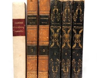 (6VOL) [SIGNED] CARÊME, ANTONIN  |  Including: Le Cuisinier Parisien, ou L'Art de la cuisine française au dix-neuvième siècle. Traité élémentaire et pratique… Deuxième édition, revue, corrigée et augmentée… Paris: Didot, 1828, with 25 plates, SIGNED BY THE AUTHOR on half title verso, half title also with handwritten translation of title in Farsi, in later half white leather with marbled boards, a fine copy in very good shape (Bitting 75, Wheaton 44, Vicare 146);

(2vol) Le Pâtissier royal parisien, ou Traité élémentaire et pratique de la pâtisserie ancienne et modern…, Paris: Chez MM., 1841, third edition, with 41 plates, WITH HOMMAGE BY CAREME’S SECRETARY, FREDERIC FAYOT written on title, in half brown leather with marbled boards, light spotting throughout, both with some wear and partial splits where boards join the spines, vol. II with bumped corners; and

(3vol) L'Art de la cuisine française au dix-neuvième siècle. Traité élémentaire et pratique…, Paris: Chez MM., (nd), 8vo, in hal