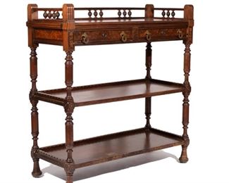 AESTHETIC MOVEMENT OAK INLAID SERVER | Possible by Herter Bros,. having three quarter baluster supported gallery, over two drawers with original escutcheons and pulls, over two shelves with 3/4 gallery resting on round turned bun feet
h. 43 w. 41 d. 17-1/2 in.