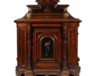 AESTHETIC MOVEMENT ROSEWOOD PARLOUR CABINET | Circa 1870, having extensive veneers, polychrome and metallic rondels, bird's-eye maple interior, raised on casters, sgd. Buelle in several places on backboards
h. 62 w. 54 d. 24 in.