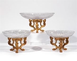 (3PC) PAIRPOINT DORE BRONZE & GLASS GARNITURE | Gilt dore bonze tripod bases decorated with busts and raised on paw feet
h. 6.5 dia. 12 in., largest