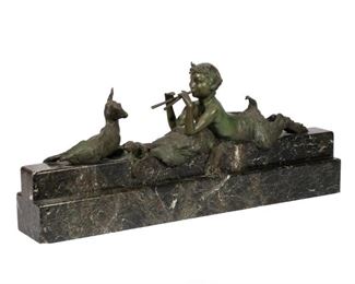 ARY JEAN LEON BITTER (FRENCH, 1882-1973) | Satyr playing music for a deer
Patinated bronze
On a marble base, signed and with Susse Freres Paris foundry mark
h. 11 w. 26 d. 5 in.