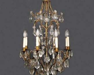 LOUIS XVI-STYLE ROCK CRYSTAL CHANDELIER | Rock crystal mounted gilt bronze birdcage-form chandelier, electrified
h. 35 dia. 22 in. (chandelier only)
overall: h. 42 -1/2 in. (with chain)