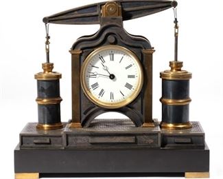 FRENCH INDUSTRIAL BEAM ENGINE CLOCK | 19th century, attributed to Guilmet, Paris, a beam engine automation mantle clock in brass and polished steel, with a rocking beam attached to two pistons, on a marble base
h. 7-1/4 w. 8 d. 3-1/2 in.
(262) N.B. Descriptions are revised from a 1994 insurance appraisal by a noted N.Y.C. auction house Horologist