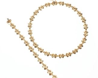 (2PC) ITALIAN 14K GOLD BRACELET & NECKLACE | 14k yellow gold x-form link jewelry, including a bracelet (l. 7-1/8 in., 13.3g) and a necklace (l. 17 in., 26.7g), both with Italian hallmarks, stamped "545 VI"