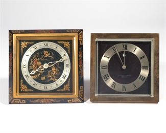 (2PC) CHELSEA DESK CLOCKS | Chinese Lacquer desk clock, 8 day spring driven brass lever movement, with black and gold oriental design on red background, 4.25in silvered chapter ring with Roman numerals, serial 550695 dated 1948. The "Drake" desk clock was first offered in 1931. The face of this clock says Abercrombie & Fitch Co. Serial number on back says 182542. (h. 6-1/4 x w. 6-1/4 in.)
h. 6-3/4 w. 6-3/4 in. (largest)