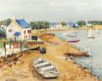 YOLANDE ARDISSONE (FRENCH, B. 1927) | La Trinite
Oil on canvas
Harborscape, signed lower left, in a carved frame; titled on verso and with Galerie Framond, Paris label on back of frame
h. 19-3/4 w. 24 in.
overall: 29 x 33 in. (frame)