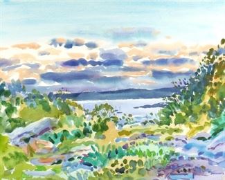 NELL BLAIR WALDEN BLAINE (AMERICAN, 1922-1996) | 'Silvery Harbor and Clouds', 1981
Watercolor and pastel on paper
Signed lower left, titled, dated, and inscribed 'Gloucester, Mass.' on verso, with Rita Rich Collection and Fischbach gallery labels, framed
h. 18 w. 24 in.
overall: 24-1/2 x 30-1/2 in. (frame)