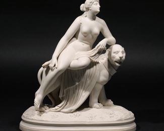 PARIAN PORCELAIN STATUE ARIADNE & THE PANTHER | Showing the figure of Ariadne seated on a panther with open, detailed mouth; no apparent signature or marking
h. 14-1/4 w. 12-1/7 d. 7 in.