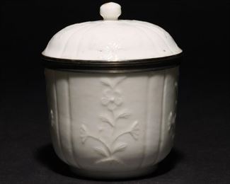 CHANTILLY WHITE PORCELAIN CONTAINER & COVER | C. 1740-50, with molded prunus sprigs
h. 4-1/4 in.