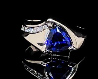 1.10 Carat Triangle Cut Natural Blue Sapphire & Diamond Contemporary Ring in 14k White Gold