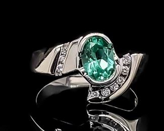 RARE MINT GREEN SAPPHIRE & Diamond Artistic Contemporary Swirl Ring in 14k White Gold