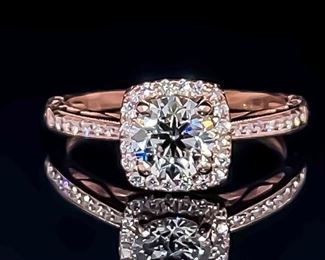1.30 Carat Diamond Cushion Halo Filigree Milgrain Engraved Engagement Ring in 14k Rose Gold