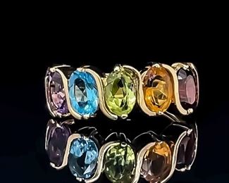 Oval Multi-Color Gem Citrine, Blue Topaz, Peridot, Amethyst & Garnet Birthstone Estate Ring in 14k Yellow Gold