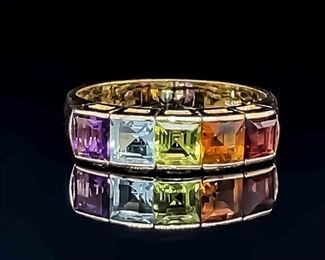 Square Semi-Precious Multi-Stone Ring in 14k Yellow Gold - Amethyst, Blue Topaz, Citrine, Peridot, and Garnet