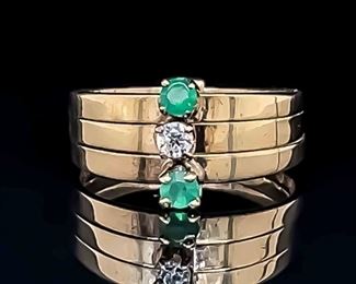 Antique Green & White Cubic Zirconia Triple Stack Estate Ring in Yellow Gold