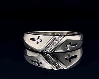 Diamond Diagonal Channel Double Laser-Cut Cross Ring in White Gold