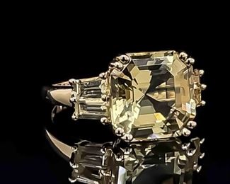 Yellow Topaz Fancy Cushion & Baguette Square Shoulder Ring in 14k Yellow Gold