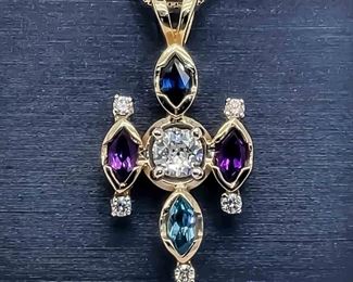 Aquamarine, Amethyst & Spinel Vintage Abstract Artistic Cross Pendant in 14k Yellow Gold