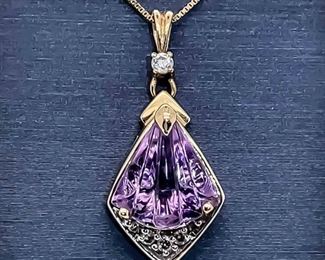 Fantasy Cut Amethyst & Diamond Drop Pendant in 14k Yellow Gold