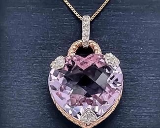 8+ CARATS! Amethyst & Diamond Accent Faceted Heart Padlock Drop Pendant in 14k Rose Gold