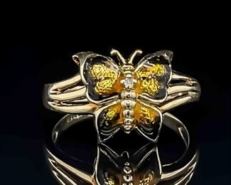Yellow Enamel Butterfly Curved Triple Split Shank Ring in 14k Yellow Gold
