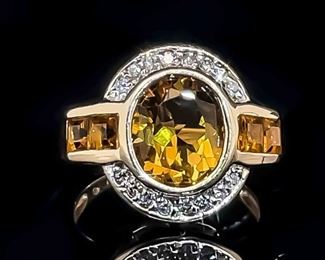 Oval Citrine & Diamond Halo Square Shoulder Estate Ring in 14k Yellow Gold