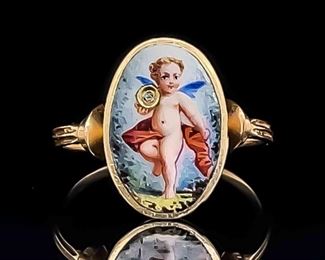 Colorful Highly Detailed Enamel Cherub Angel Heavenly Renaissance Cameo in 18k Yellow Gold