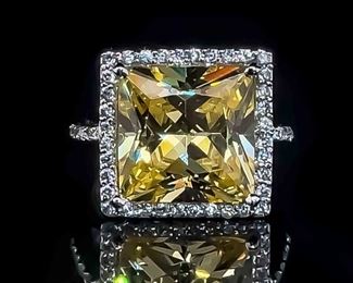 Large Fancy Yellow & White Cubic Zirconia Square Radiant Halo Statement Ring