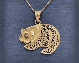 Filigree Textured Hammered Panda Pendant in 14k Yellow Gold; $850 Retail