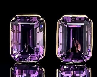 Excellent Condition! 35 CARAT Large Emerald Cut Amethyst Solitaire Stud Earrings in 14k Yellow Gold