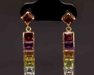 Square Multi-Stone Linear Dangle Drop Earrings in 14k Yellow Gold - Natural Garnet, Amethyst, Citrine, Peridot, and Topaz