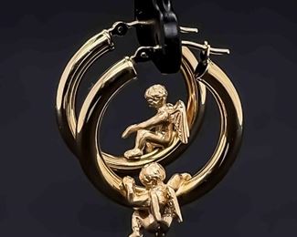 Cherub Angel Asymmetrical Small Tube Hoop Earrings in 14k Yellow Gold