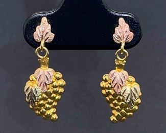 Black Hills Gold Grape Leaves Dangle Earrings in Tri-Color Rose, Yellow & White Gold