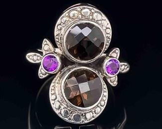 Smoky Quartz & Amethyst Leafy Floral Garden Bouquet Ring