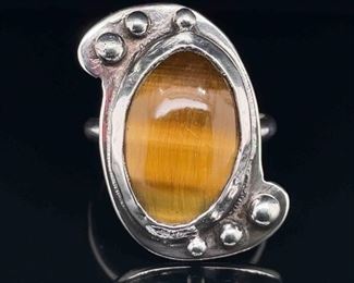 10 CARAT Tiger's Eye Oval Cabochon Bead Ring, Handmade