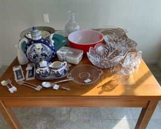 Oriental tea set; pyrex bowl, silverware, plates, bowls