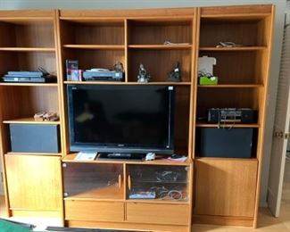TV 36-inch, speakers, elaborate Danish book case in three sections