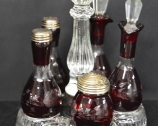 Cranberry Cruet Set w/Glass Base