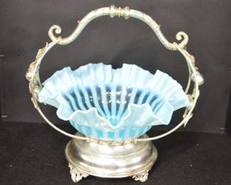 Silverplate Brides Basket w/Blue Opalescent Bowl