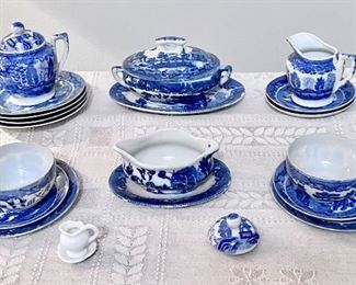 Vintage blue and white Childs tea set with serving pieces