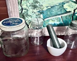 Vintage jars, mortar, and pestle 
