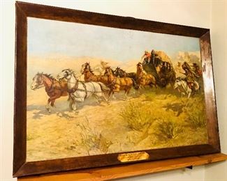 1950s Anheuser-Busch/Budweiser advertising sign: “Attack on the Overland Stage” - heavy cardboard, 28” x 42”