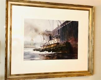 William E. Ryan (1936-2020) watercolor of tugboat, signed lower right, sight 19” x 26.5”, framed 35” x 42”. 
