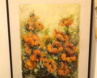 Acrylic painting on board of poppies by Yolanna Howard (West Seattle artist), signed lower left, framed size 25.5” x 31.5”