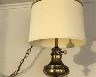 Brass pendant lamp with long cord & chain (not hard wired) Pull chain to turn on & off. 22” tall, 14” diameter shade.